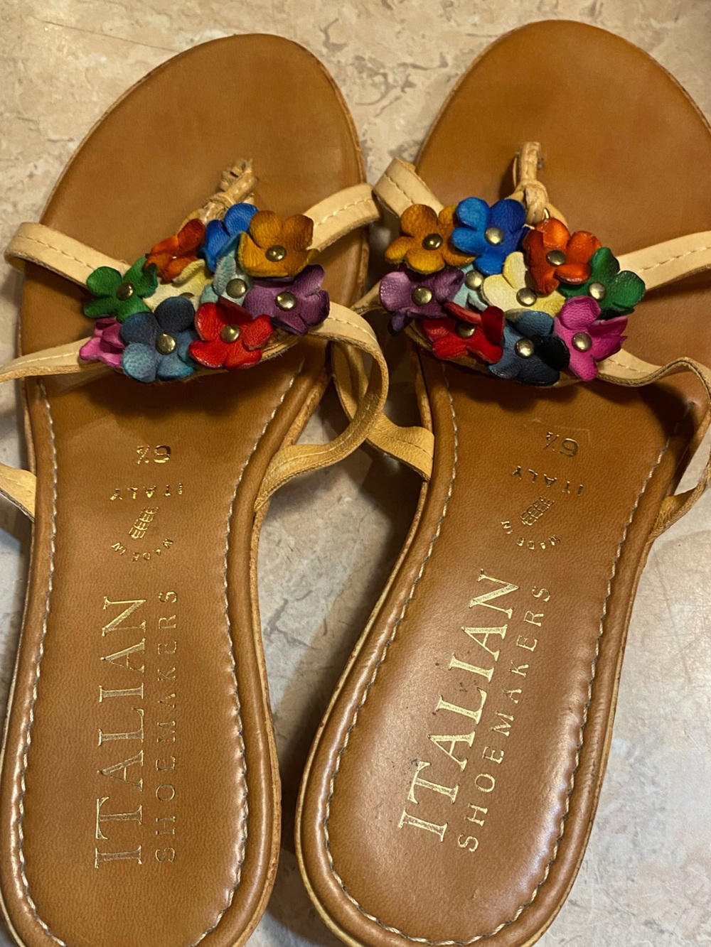 Italian Shoemakers Tan Leather Sandals with Colorful Floral Accents